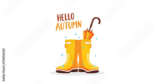 Bright yellow rain boots and umbrella ready for autumn showers and hello autumn greeting