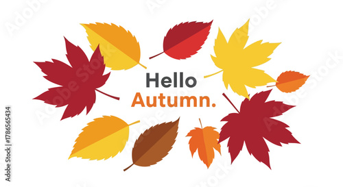 Vibrant autumn leaves circle with hello autumn text greeting for seasonal decorations and design