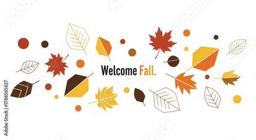 Whimsical hand drawn autumn leaves and dots with welcome fall text illustration