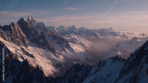 Mont Blanc massif alpenglow, majestic mountain peaks covered in snow during a calm sunrise in the Alps