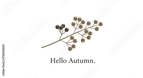 Delicate watercolor illustration of a bare autumn branch with small berries and the text hello autumn