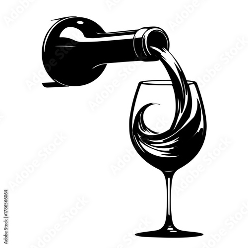Black and white vector illustration of a wine bottle pouring wine into a glass in a clean minimal line art style