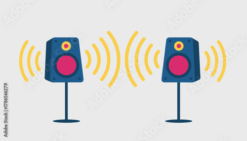 A pair of chromatic speakers mounted on stands projecting music with sound waves visually represented in the air around them.