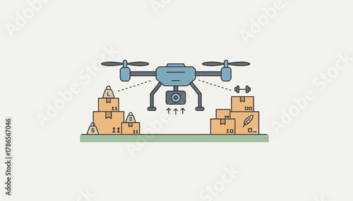 A drone surrounded by various parcels programmed to distinguish between different sizes and weights as it prepares for takeoff.