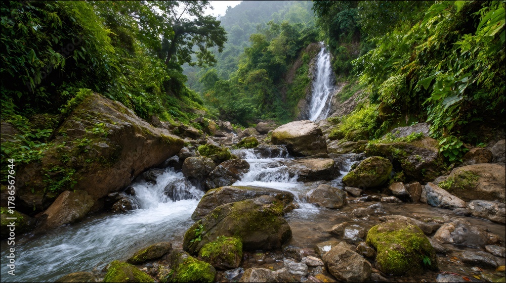 Fototapeta premium Rushing waterfall cascading into a rocky stream flowing through lush green jungle landscape