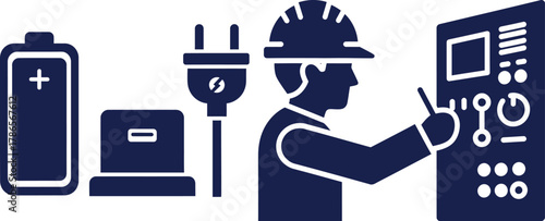 Battery, charger, and engineer at control panel for energy management power source energy storage
