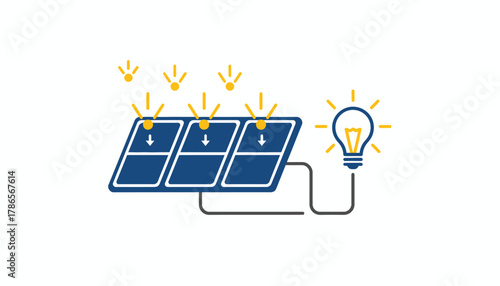 A representation of the solar energy conversion process illustrating photons striking a solar cell and generating electricity.