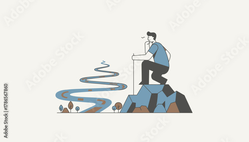 A person climbing a rocky hill pausing to take a breath while looking back at the distance traveled symbolizing reflection on progress.