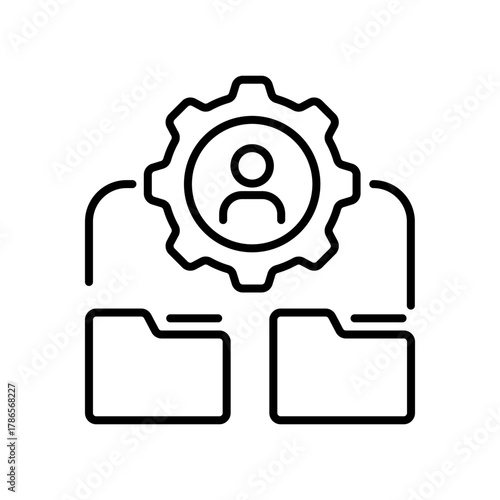 Team management vector icon: editable line icon, outline style with gear and folders