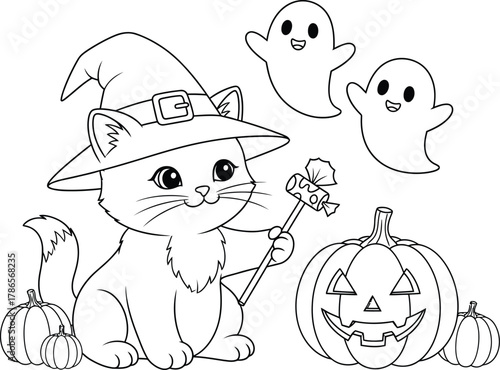Cute Halloween Cat Witch With Ghosts Pumpkin And Pumpkins Coloring Page Keywords: halloween, cat, witch, costume, hat, magic wand