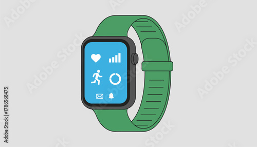 A smarch with a minimalist design displaying fitness metrics and notifications coupled with a durable silicone band.