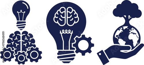 Dark blue icons of brain gears and lightbulb idea and hand holding earth tree