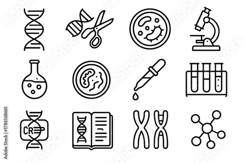 Flask engineering chromosome scissors bacterial vector tube molecular petri gene genetic icons