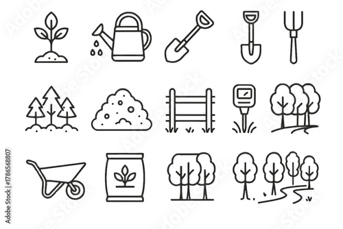 Forest fence watering icon sapling vector growth wheelbarrow icons reforestation rake fertilizer
