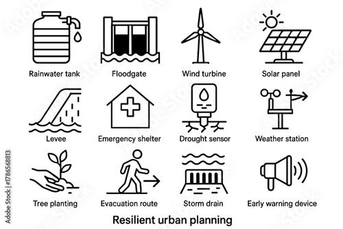 Tree icon panel vector emergency device warning planning evacuation urban floodgate route