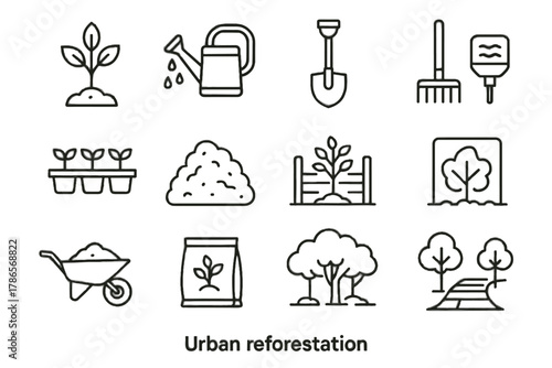 Tree reforestation heap vector canopy trays icon wheelbarrow fertilizer watering walkway icons