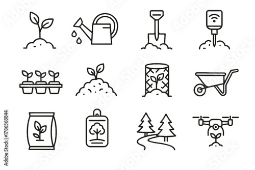 Soil monitor icon vector planting fertilizer automated reforestation pile protective drone set