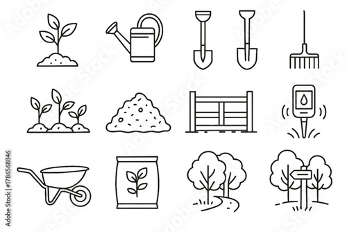Vector sapling growth can forest bag fertilizer wheelbarrow reforestation set path icon