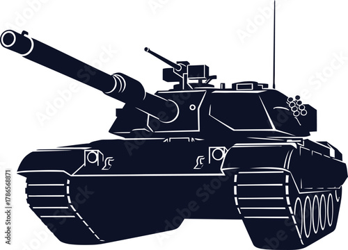 Dark blue silhouette of a modern battle tank with a long cannon on a white background military vehicle