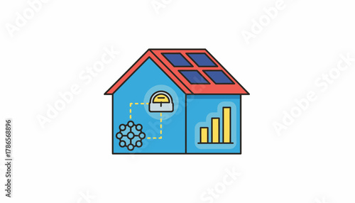 An energyefficient home with solar panels linked to a smart grid for monitoring power usage and savings.