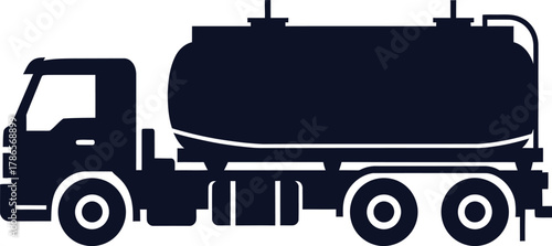 Dark blue silhouette of a tanker truck with a large cylindrical tank on a white background
