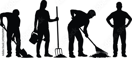 Silhouetted Gardeners Performing Outdoor Tasks with Tools – A Visual Tribute to Landscaping, Manual Labor, and Seasonal Yard Maintenance