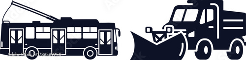 Dark Blue Silhouettes of a Trolleybus and a Snow Plow Truck on White Background electric bus