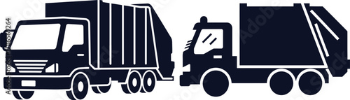 Dark Blue Silhouettes of Two Garbage Trucks on a White Background refuse truck waste management