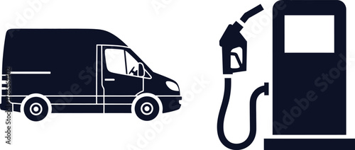 Delivery Van and Fuel Pump Icons on White Background truck cargo