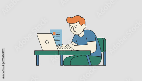 A student sitting at a desk engaged in reviewing an online school report on a laptop with a focused expression.