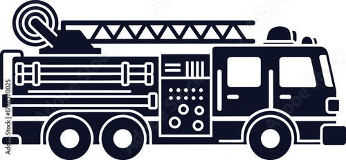 Fire Truck Silhouette with Ladder and Equipment on White Background fire engine firetruck