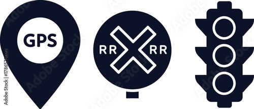 GPS Location Pin, Railroad Crossing Sign, and Traffic Light Icons marker