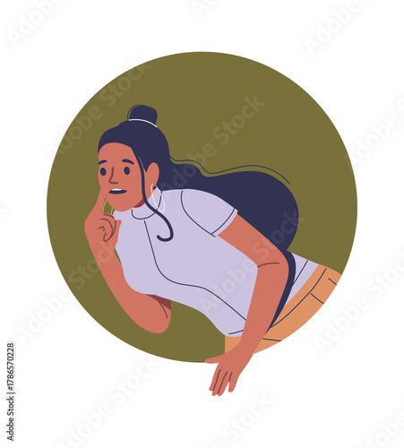 Curious woman peeping out frame