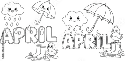 Outline Drawings of April Theme with Cute Clouds, Umbrellas, Chicks, and Boots Keywords: april, outline, drawing, coloring page