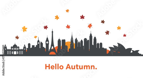 Iconic world city skylines silhouette with falling autumn leaves and hello autumn text