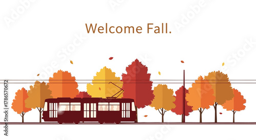 Charming vintage tram travels through a vibrant autumn forest with colorful trees and a clear sky