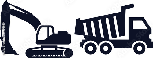 Silhouette Icons of an Excavator and a Dump Truck on White Background Keywords: excavator, dump truck, construction, heavy