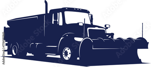 Silhouette of a dark blue snow plow truck with a salt spreader attachment vehicle winter