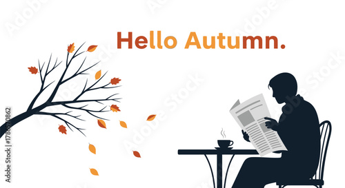 Silhouette of a man reading a newspaper at a table with a falling autumn leaves tree nearby