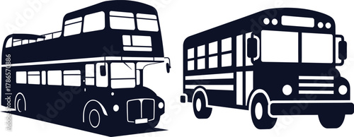 Silhouette of a Double Decker Bus and a School Bus on White Background transportation vehicle