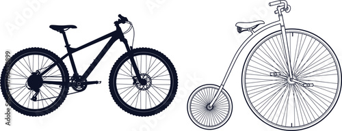 Silhouette of a Modern Mountain Bike and a Penny- Farthing Bicycle penny-farthing vintage bicycle