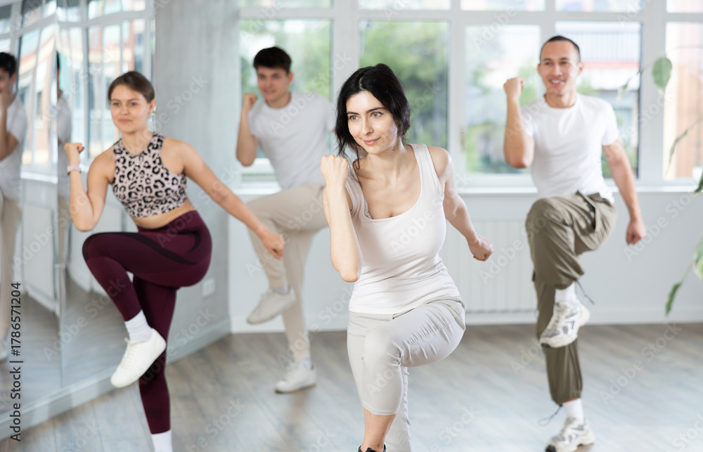 Fototapeta premium Positive woman and man engaged in dancing in group practices energetic swing in a dance studio