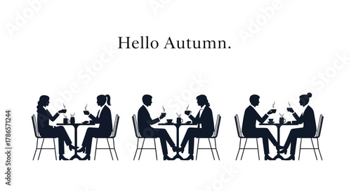 Silhouettes of people enjoying coffee at tables outdoors in a park during autumn season