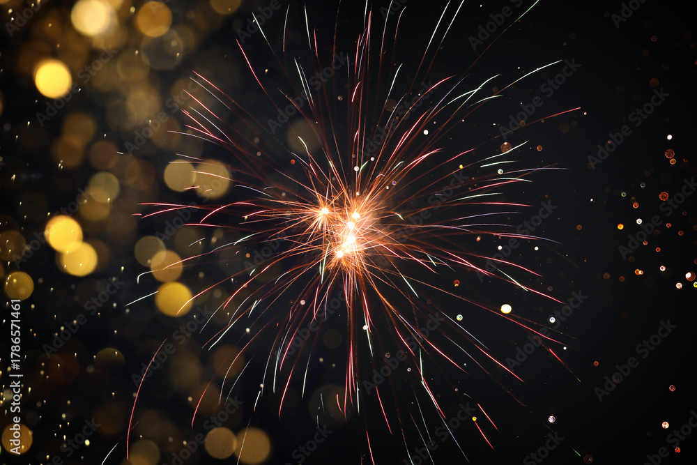 Obraz premium Christmas background with fireworks and bokeh lights. Festive wallpaper or greeting card