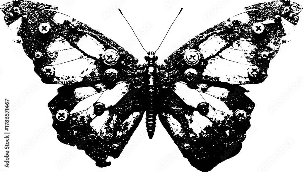 Obraz premium xerography Mechanical butterfly engraving black and white vector, steampunk insect with metal parts, surreal retro illustration isolated