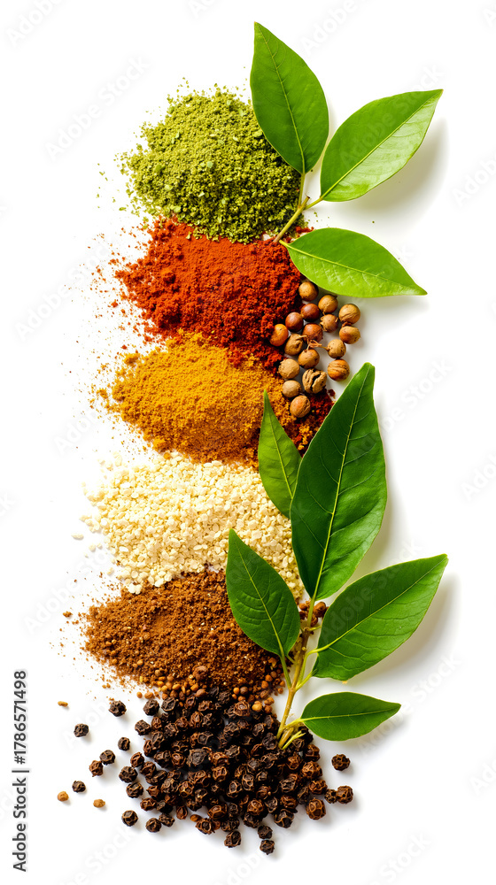 Fototapeta premium Spices herbs seasoning cooking flavor colorful organic natural ingredients culinary food aromatic pantry kitchen gourmet healthy