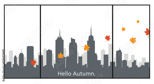 Modern city skyline silhouette with falling autumn leaves and hello autumn greeting