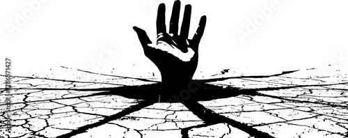 Hand rising from cracked ground xerography engraving, black and white vector illustration of survival and struggle concept
