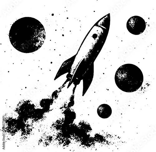 xerography Retro rocket engraving black and white vector, vintage space illustration with planets and smoke, isolated on transparent background