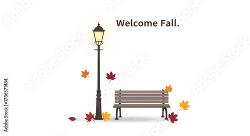 Cozy autumn scene with a vintage lamppost wooden park bench and falling colorful leaves welcoming the fall season